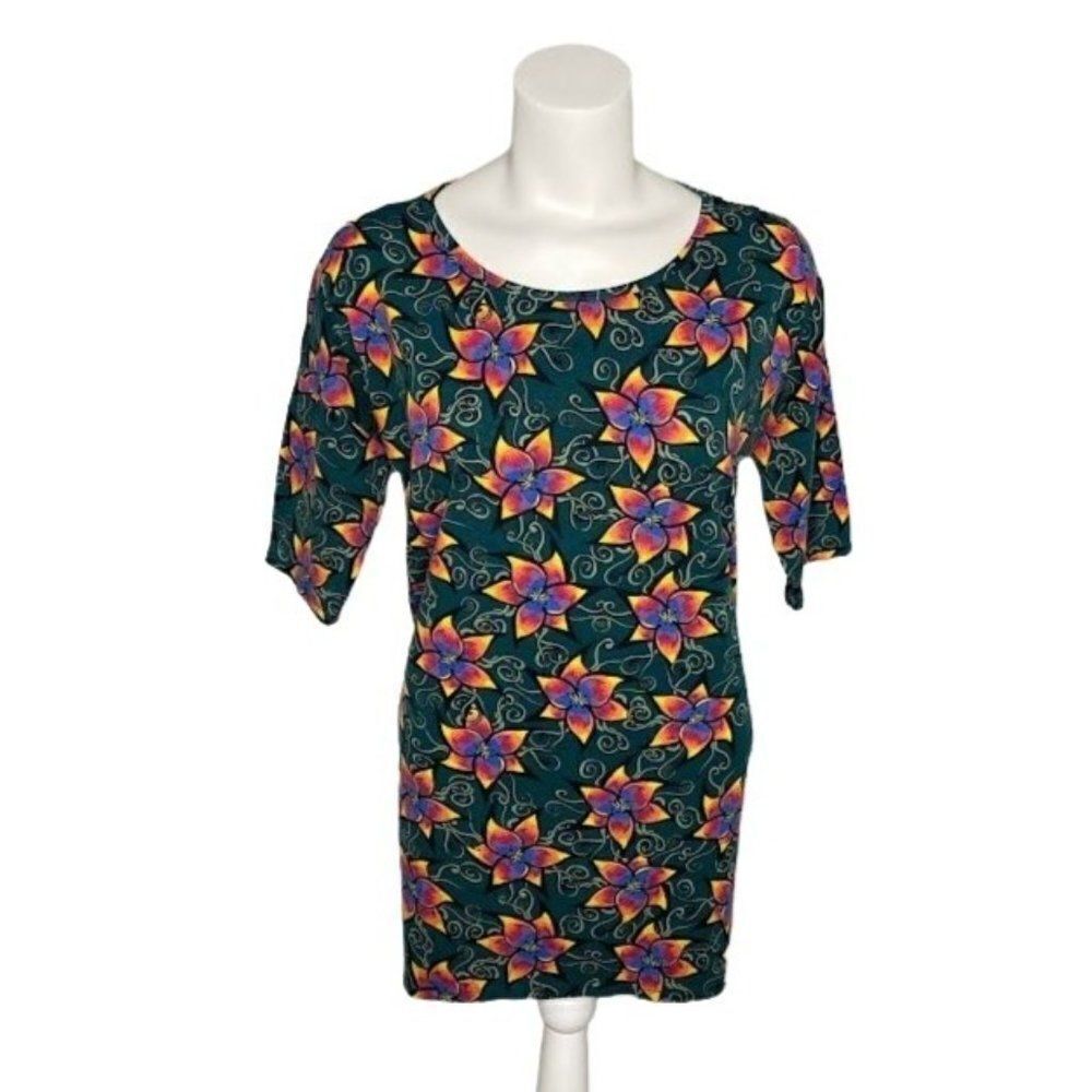 LuLaRoe Irma Green Blue Orange Yellow Floral Pattern High Low Tunic Top sz Small